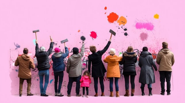 Diverse group of people painting a pink wall together, viewed from behind, showcasing teamwork and creativity.
