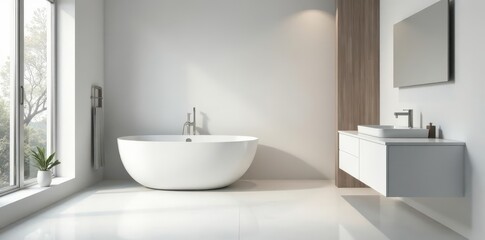 Fototapeta premium Sleek white vanity, freestanding tub, minimalist decor, shower, bright, toilet