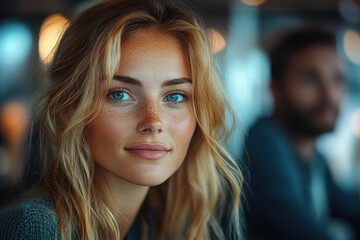 Obraz premium A young woman with beautiful blue eyes and freckles sits in a cozy cafe, exuding warmth and charm