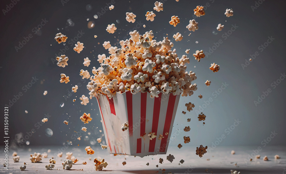 Poster Box of popcorn is exploding in the air, with the popcorn pieces scattered all around. The scene is dynamic and energetic, with the popcorn seemingly coming to life. The idea behind this image could be