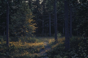 Obraz premium A serene forest path illuminated by soft sunlight, inviting exploration and tranquility.