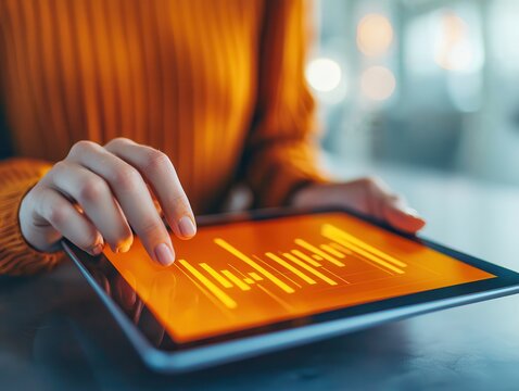 A close-up of a hand interacting with a tablet displaying audio waveform graphics, while a person in an orange sweater is in the background.