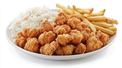 A plate of crispy fried chicken with golden-brown fries on a white isolated background
