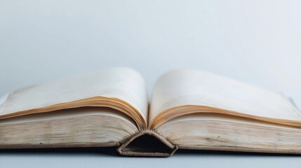 Obraz premium Open Book Showing Aged Pages on White Surface