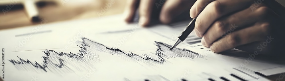 Poster a close-up view of a hand analyzing financial graphs with a pen, illustrating data analysis concepts