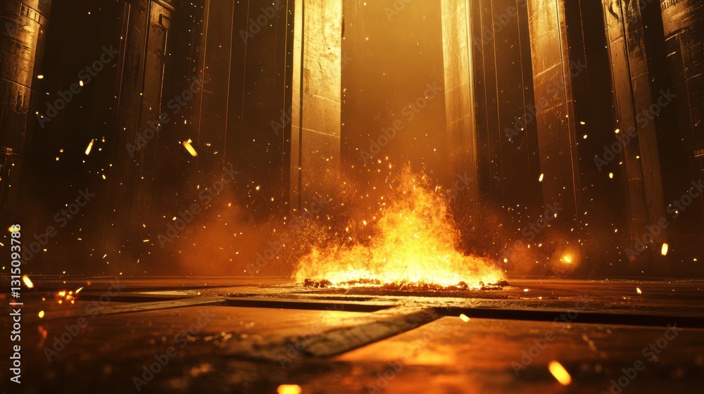 Poster molten metal being poured into molds amidst intense flames and sparks in an industrial setting with 