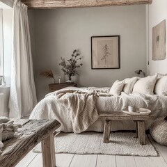 The bedroom features a minimal serene aesthetic and inviting ambiance