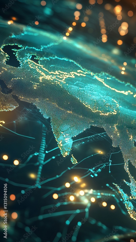 Poster digital world map with cyber connections and neon data networks visualization