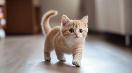 Playful orange kitten exploring a cozy living room with soft lighting and wooden floor