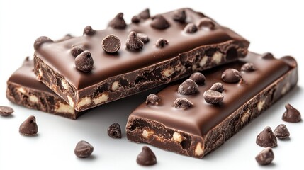Close-up of chocolate bars with chips on white background