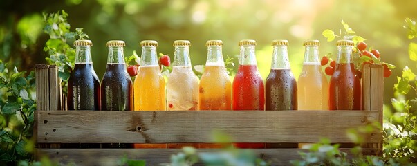 A vibrant display of assorted beverage bottles in a wooden crate, set against a sunny, natural backdrop.
