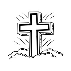 Hand drawn vector icon of a Christian cross emerging from the clouds, with stylized sun rays shining through it