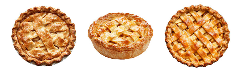 Set of freshly baked apple pie with a golden crust isolated on transparent background, PNG, cut out