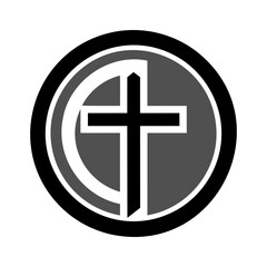 Christian cross icon. Abstract round christian cross logo. Black church symbol. Vector illustration