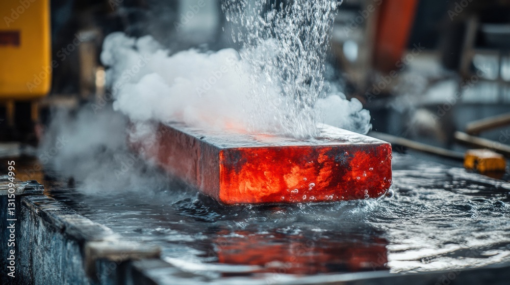 Poster heating process of red hot metal billets undergoing tempering in a workshop with steam clouds fillin