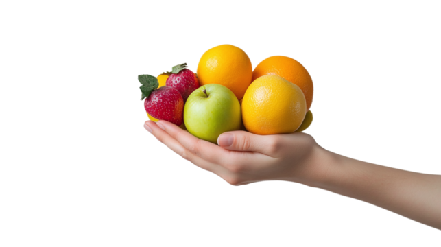 Hand holding various fresh fruits isolated, showcasing organic, healthy, and natural diet, perfect for summer snacks or vegetarian nutrition visuals.