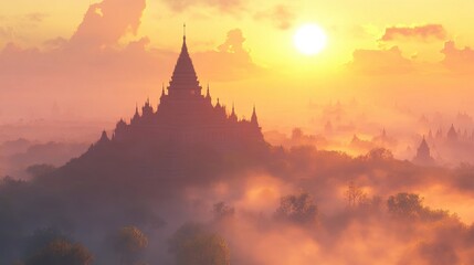 Pagoda on Misty Hilltop with Rising Sun