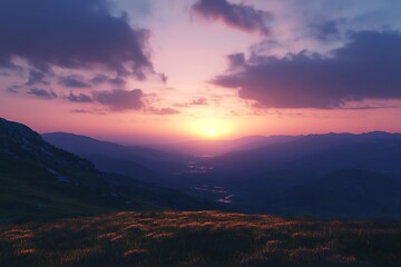 Fototapeta premium A tranquil sunset over mountains and valleys, showcasing nature's beauty and serenity.