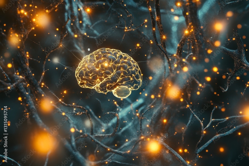Poster a brain is shown in a computer generated image with a lot of glowing lights surrounding it. concept 