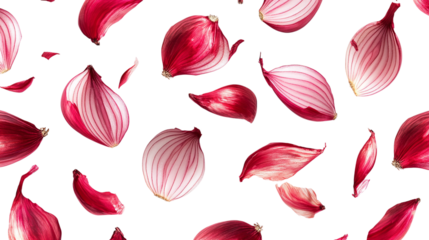 Onion pattern isolated on transparent background, depicting sliced red onions in flying motion, symbolizing the freshness of organic vegetables and plant-based ingredients.