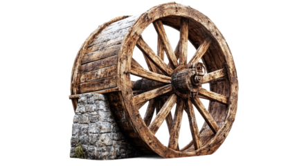 Old wooden stone water mill wheel isolated, representing vintage rural energy sources, ideal for agriculture, history, or countryside imagery.