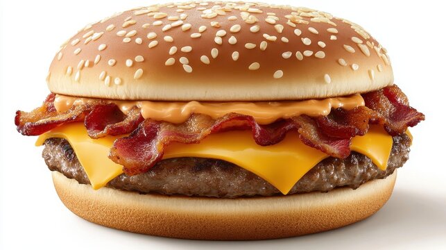 A large juicy hamburger with melted cheese and crispy bacon on a white isolated background