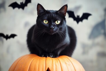 Obraz premium black cat with piercing green eyes, sitting on a pumpkin, with bats flying in the background, evoking a mysterious Halloween vibe