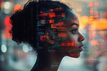 Profile of a woman with digital overlay representing data and technology in an urban environment during twilight