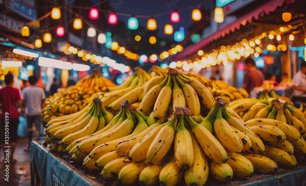 Poster bunch of bananas are piled up on a table. the bananas are yellow and appear to be ripe. the scene is