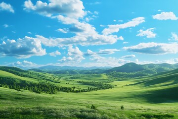 A serene landscape featuring rolling green hills under a bright blue sky with fluffy clouds.