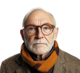 Reflective elderly man in isolated on transparent background, png