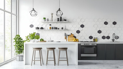 Modern Minimalist White Kitchen With Geometric Tiled Backsplash Natural Light And Green Plant Accents