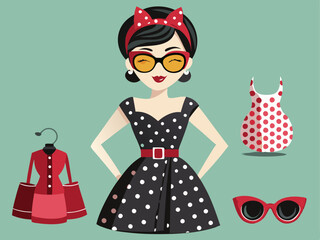 vintage-inspired outfit with a polka-dot dress, cat-eye sunglasses, and retro heels