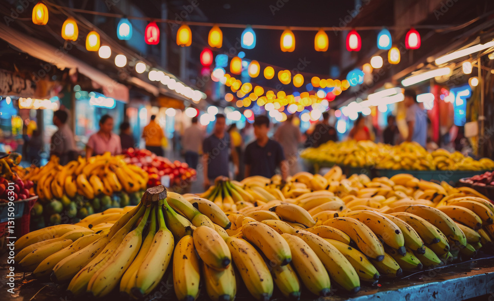 Poster Bunch of bananas are displayed on a table in front of a market. The bananas are yellow and appear to be ripe. The market is bustling with people, some of whom are browsing the produce