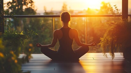 Meditative morning: Woman in lotus position embracing wellness and tranquility at sunrise on sunlit balcony.