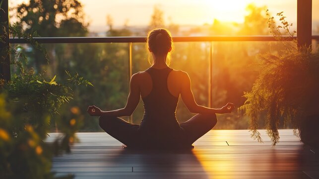 Meditative morning: Woman in lotus position embracing wellness and tranquility at sunrise on sunlit balcony. - Powered by Adobe