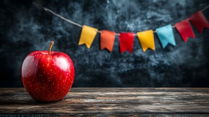Artistic Display of Red Apple and Colorful Pennants on Blackboard for Teachers' Day Celebration