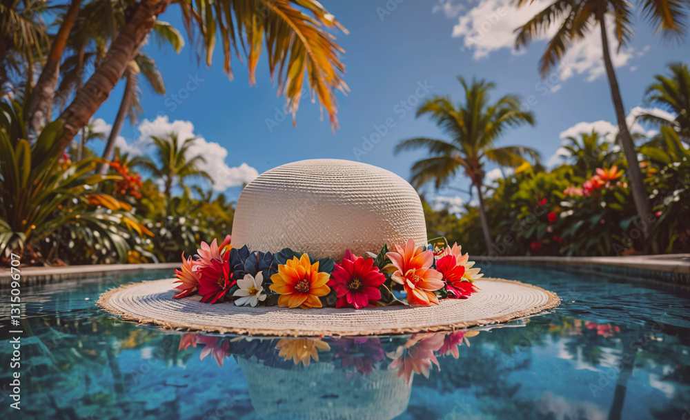 Aufkleber white hat with flowers on it is floating in a pool. the hat is surrounded by a colorful floral arran