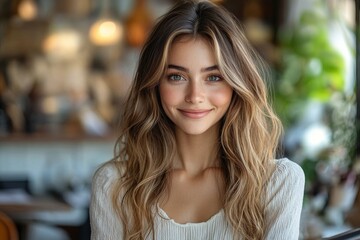 Obraz premium Smiling young woman with long hair posing in a cozy cafe setting during daytime