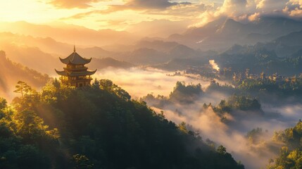 Pagoda Perched Above Cloud-Covered Valley at Sunrise