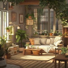 Fototapeta premium A cozy living room decorated with multiple lush green plants