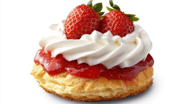 A fresh strawberry shortcake with whipped cream on a white isolated background