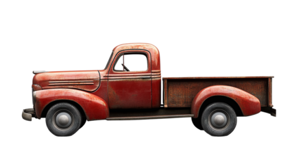 Vintage old brown and red pickup truck isolated, perfect for nostalgia, retro automobile enthusiasts, or antique transportation themes.