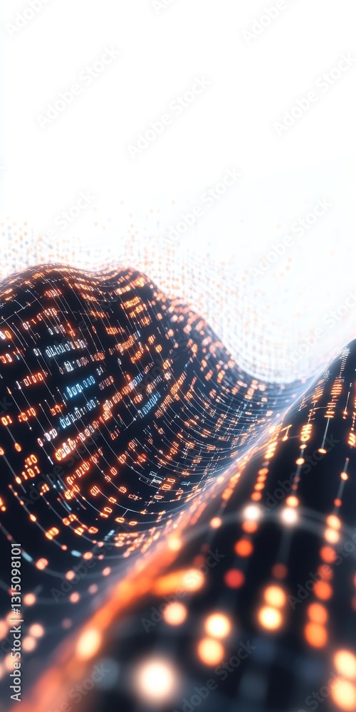 Poster a mesmerizing abstract representation of a flowing data wave, showcasing glowing binary code pattern