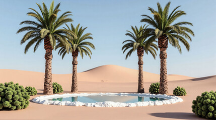 Fototapeta premium A pool with palm trees in the background. The pool is surrounded by a sandy area. The palm trees are tall and green. The sky is blue and clear