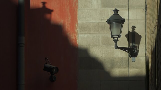 Surveillance cameras oversee a shadowy urban alleyway illuminated by a street lamp while casting deep shadows at dusk