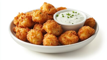 Fototapeta premium A plate of crispy fried fish fillets with tartar sauce on a white isolated background