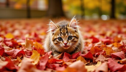 Fototapeta premium A mischievous feline frolics in a pile of red, orange, and yellow leaves on a warm autumn afternoon, the vibrant foliage providing a striking backdrop for its playful antics.