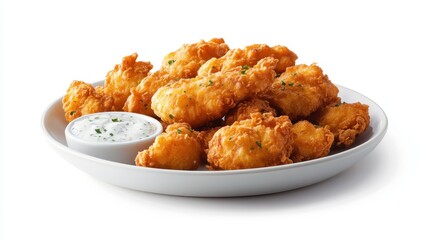 A plate of crispy fried fish fillets with tartar sauce on a white isolated background