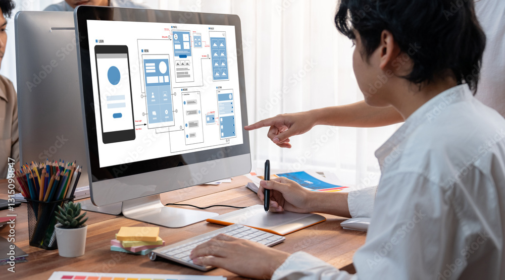 Poster UX UI design process for brisk mobile application and website . Creative prototype of wireframe for professional app developer .